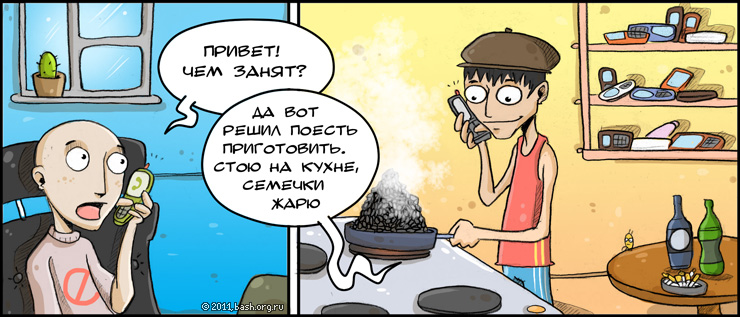 xxx: Привет! Чем занят?
yyy: Да вот решил поесть приготовить
yyy: Стою на кухне, семечки жарю