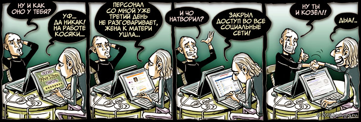 ЁжИк: Ну как оно?
Барс: Да никак. На работе косяки, персонал со мной уже 3й день не разговаривает, жена к матери...